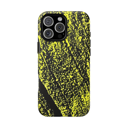 Bloom to Consume protective phone case featuring a black and toxic yellow organic decay pattern.