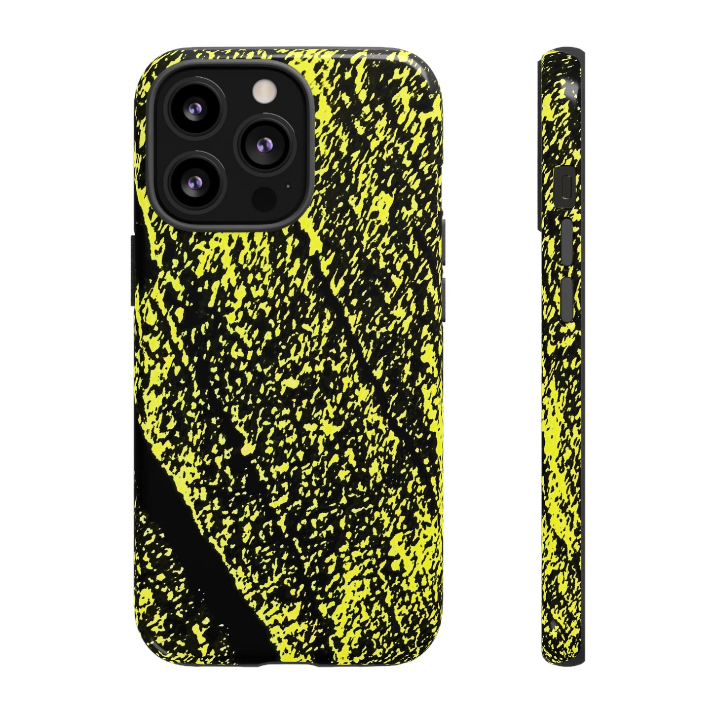 A phone case with a high-contrast black and neon yellow splatter pattern, shown from both the back and side profile views against a plain white background.
