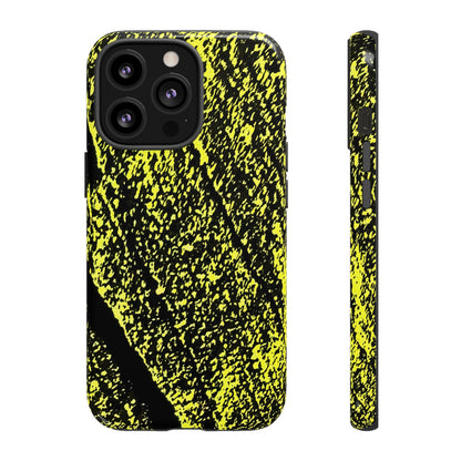 A phone case with a high-contrast black and neon yellow splatter pattern, shown from both the back and side profile views against a plain white background.
