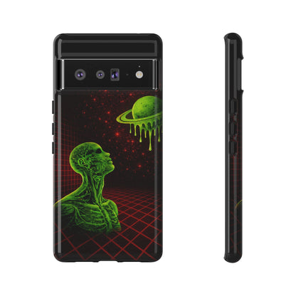 Glowing green anatomical bust gazing up at a dripping Saturn-like planet over a red grid and star-speckled space background on a black phone case.