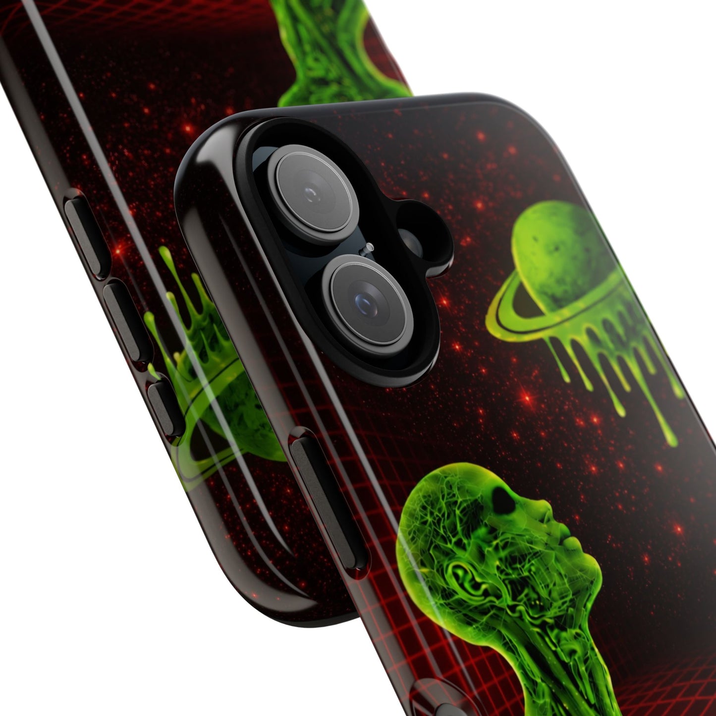 Glowing green anatomical bust gazing up at a dripping Saturn-like planet over a red grid and star-speckled space background on a black phone case.