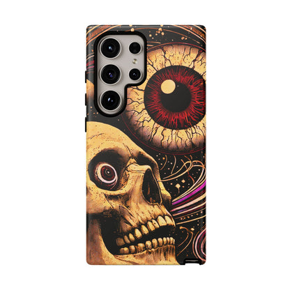 Impact-resistant tough phone case featuring a dark cosmic skull and eye design on a durable dual-layer shell by NecroGrip.