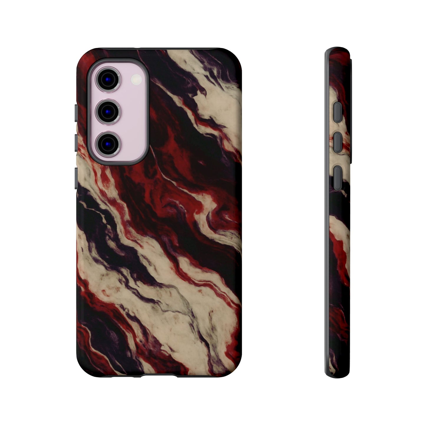 NecroGrip “Fascia” impact-resistant phone case with red, bone, and black marbled streaks, abstract muscle-like pattern on a slim dual-layer shell.