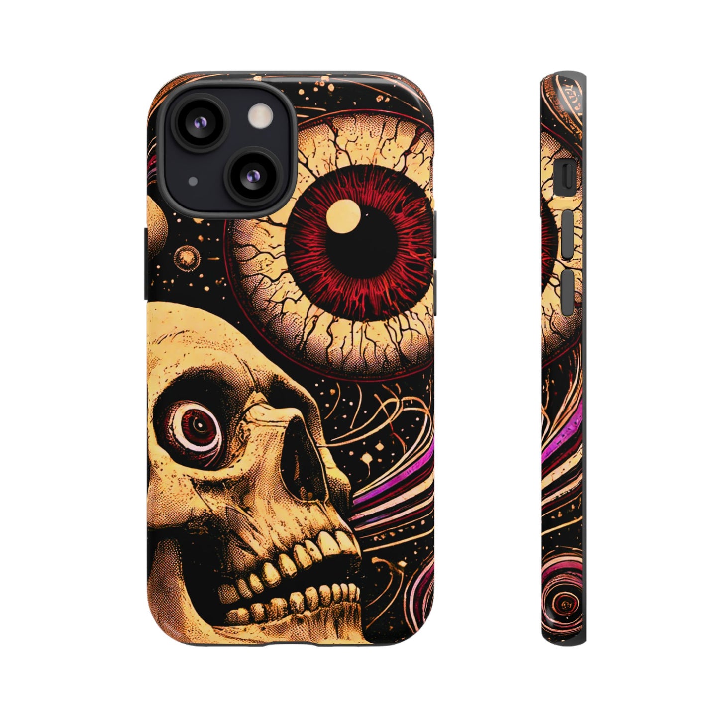 Impact-resistant tough phone case featuring a dark cosmic skull and eye design on a durable dual-layer shell by NecroGrip.