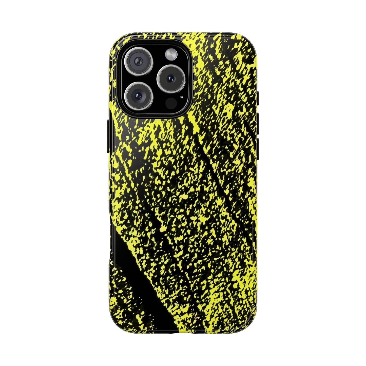 A protective phone case with a high-contrast black and neon yellow splattered pattern, shown on a clean white background.