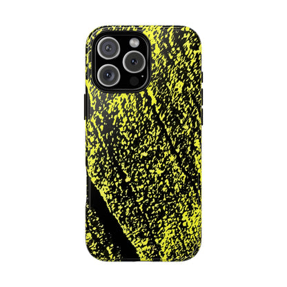 A protective phone case with a high-contrast black and neon yellow splattered pattern, shown on a clean white background.