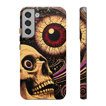 Impact-resistant tough phone case featuring a dark cosmic skull and eye design on a durable dual-layer shell by NecroGrip.
