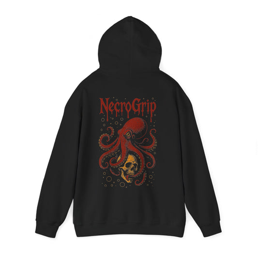 Grave in the Brine Gildan 18500 hoodie with large back print featuring red octopus and skull design by NecroGrip.