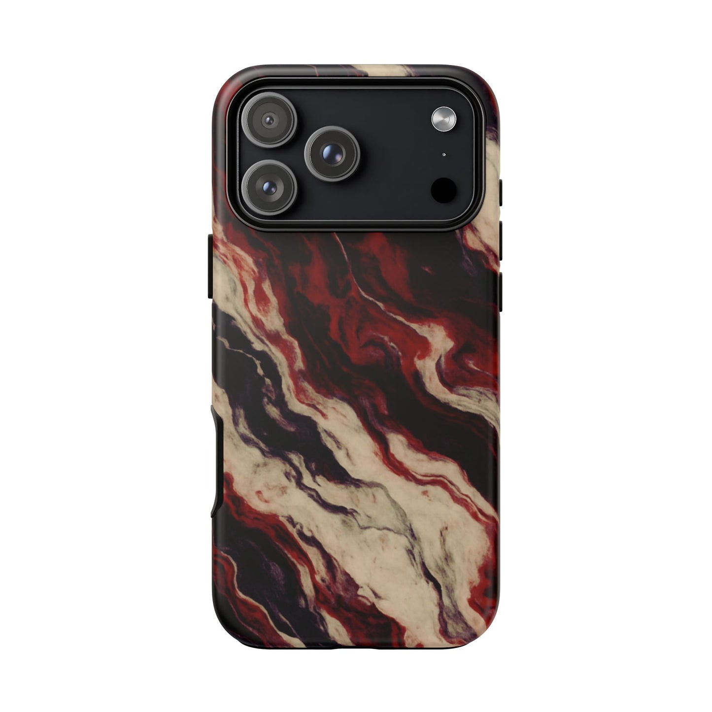 NecroGrip “Fascia” impact-resistant phone case with red, bone, and black marbled streaks, abstract muscle-like pattern on a slim dual-layer shell.