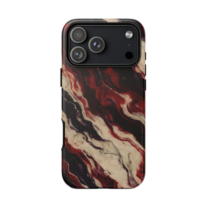 NecroGrip “Fascia” impact-resistant phone case with red, bone, and black marbled streaks, abstract muscle-like pattern on a slim dual-layer shell.