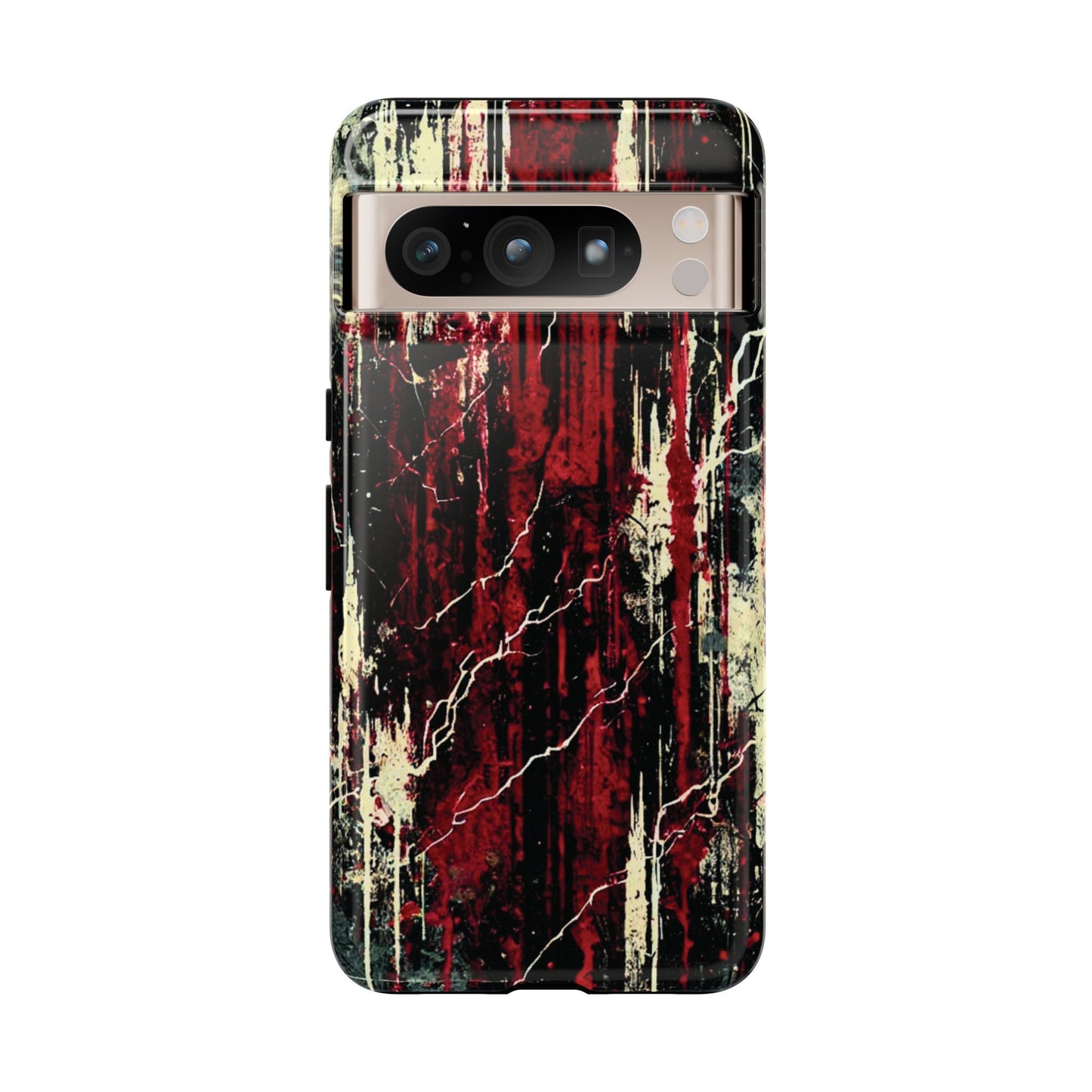 Corrosive impact-resistant phone case with distressed red, black, and bone-white design for iPhone, Samsung, and Google Pixel by NecroGrip.