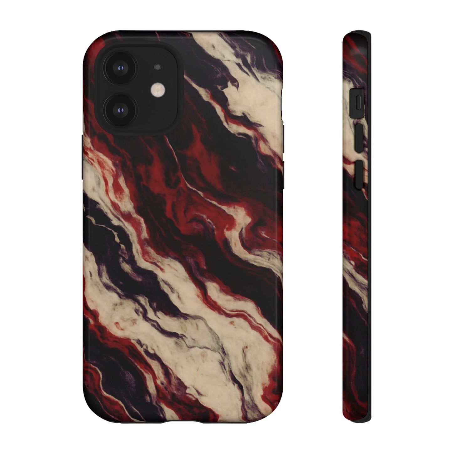 NecroGrip “Fascia” impact-resistant phone case with red, bone, and black marbled streaks, abstract muscle-like pattern on a slim dual-layer shell.