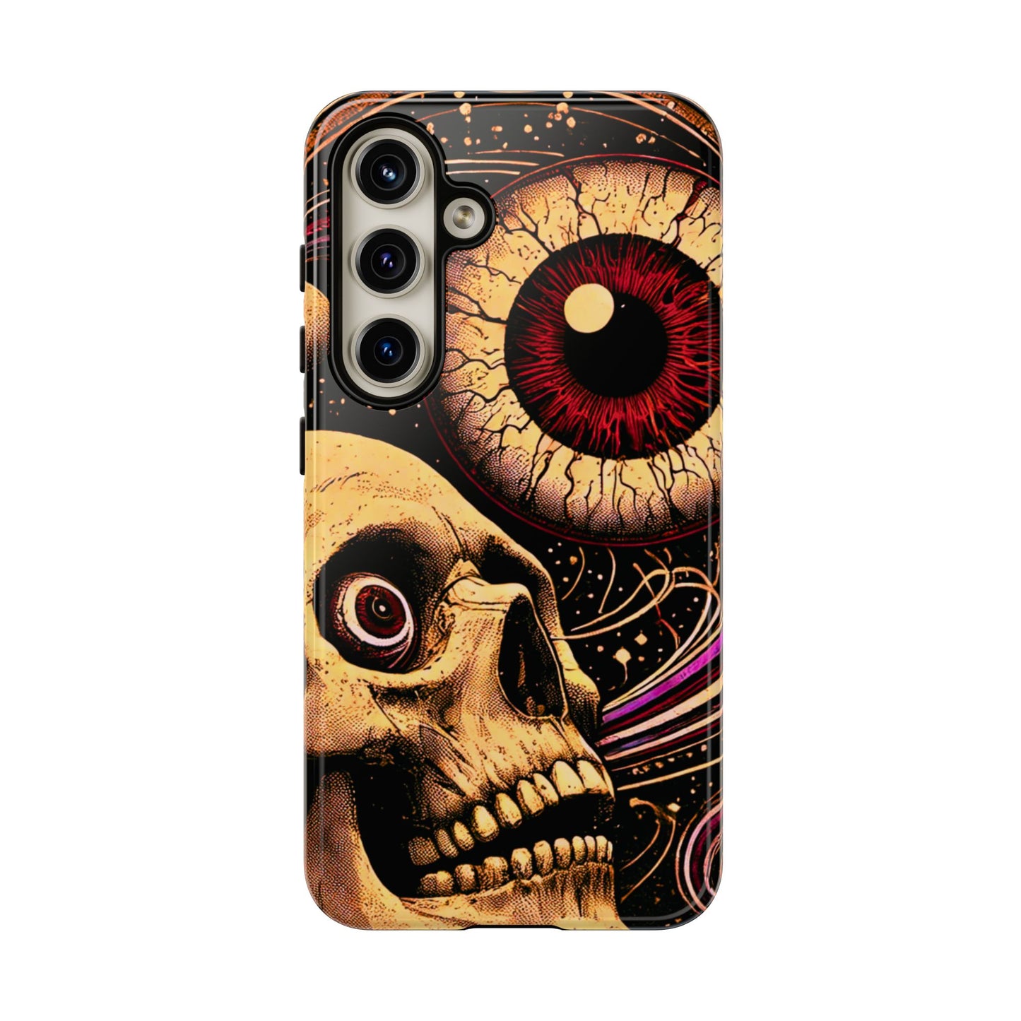 Impact-resistant tough phone case featuring a dark cosmic skull and eye design on a durable dual-layer shell by NecroGrip.