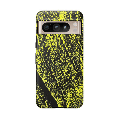 A protective phone case featuring a high-contrast black and neon yellow abstract textured pattern, shown on a plain white background.