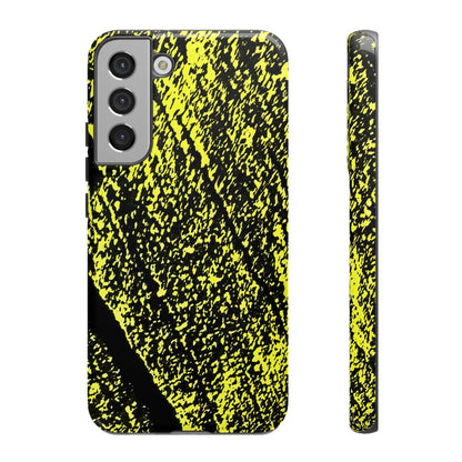 Bloom to Consume protective phone case featuring a black and toxic yellow organic decay pattern.