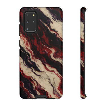 Phone case with red, black, and beige marbled pattern on a white background