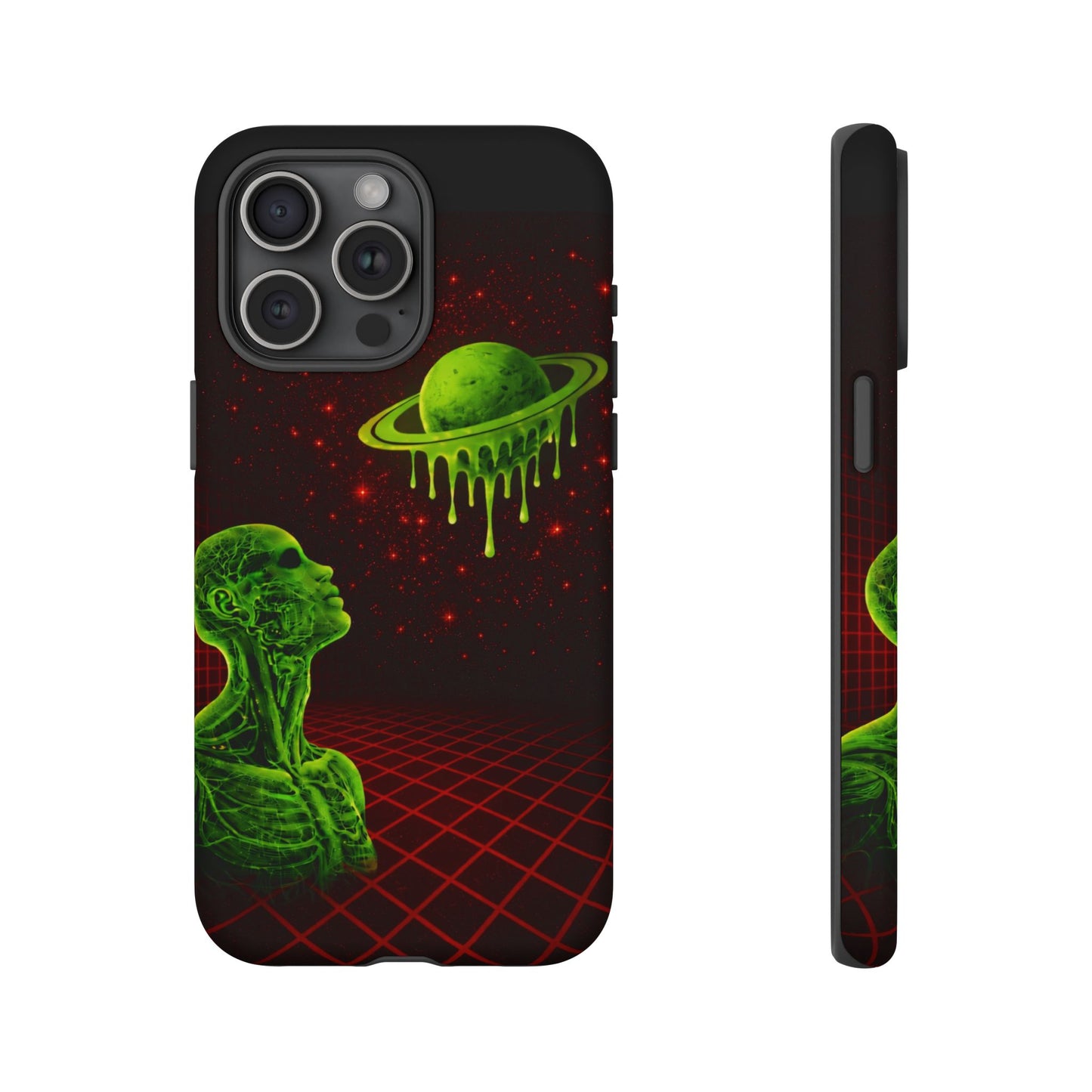 Glowing green anatomical bust gazing up at a dripping Saturn-like planet over a red grid and star-speckled space background on a black phone case.