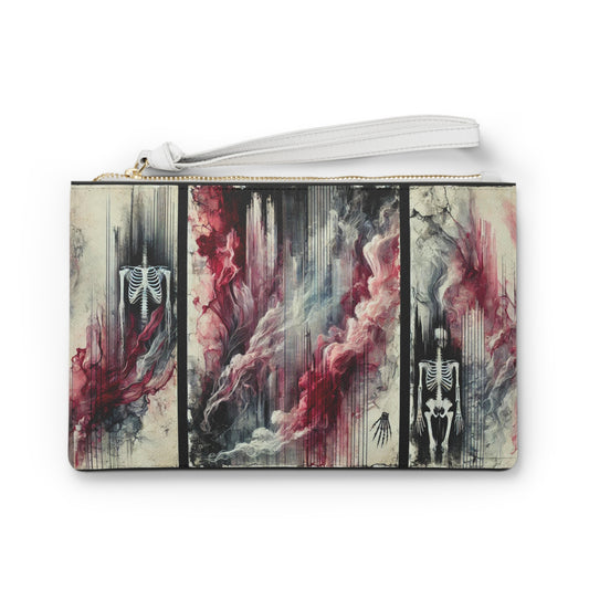 Disincarnate gothic clutch bag from NecroGrip’s Sepulcher Collection, featuring abstract red, black, and beige all-over print with white wrist strap.