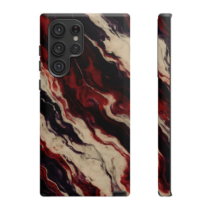 NecroGrip “Fascia” impact-resistant phone case with red, bone, and black marbled streaks, abstract muscle-like pattern on a slim dual-layer shell.