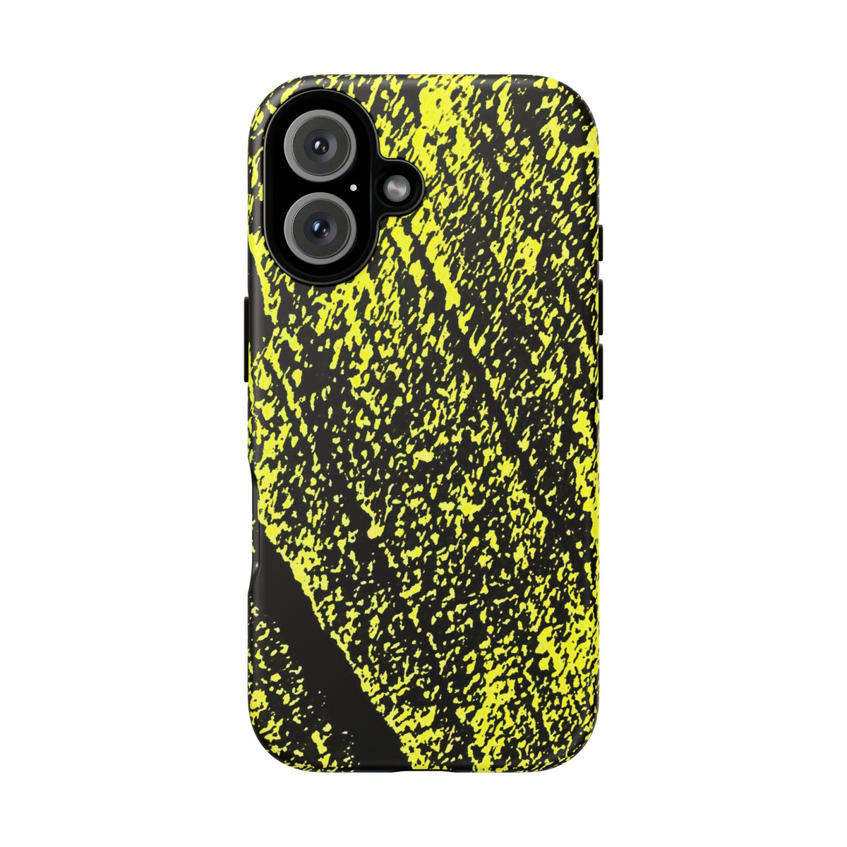 Bloom to Consume protective phone case featuring a black and toxic yellow organic decay pattern.