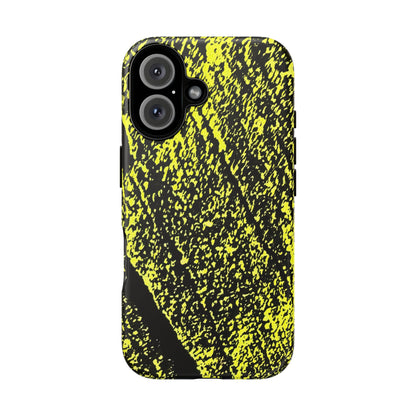 Bloom to Consume protective phone case featuring a black and toxic yellow organic decay pattern.