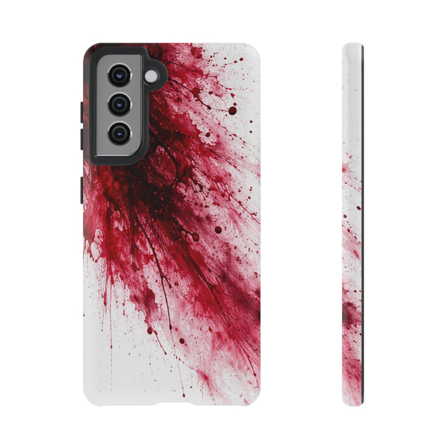 Phone case with red and white abstract design on a white background