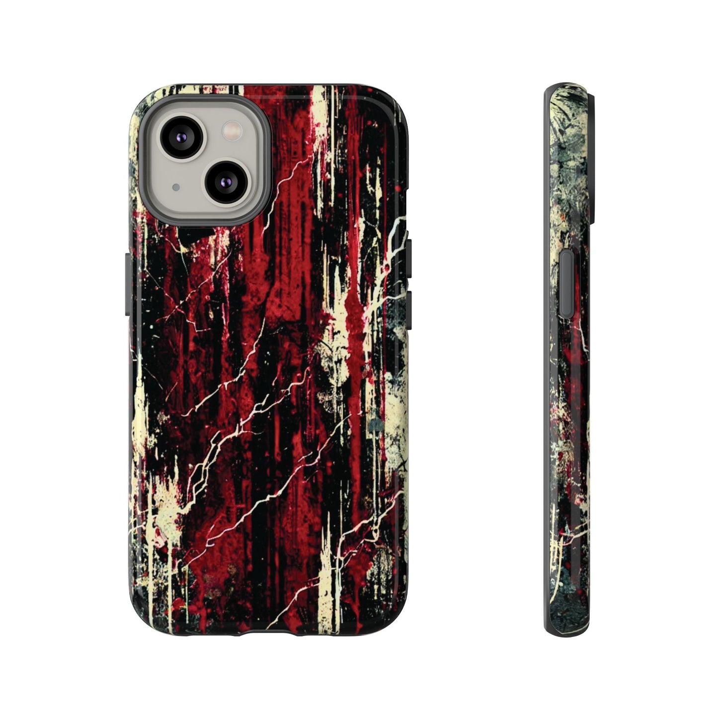 Corrosive impact-resistant phone case with distressed red, black, and bone-white design for iPhone, Samsung, and Google Pixel by NecroGrip.