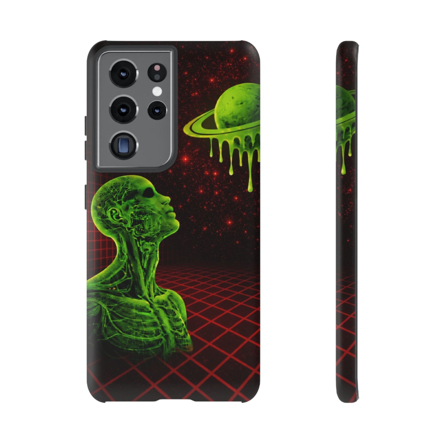 Glowing green anatomical bust gazing up at a dripping Saturn-like planet over a red grid and star-speckled space background on a black phone case.