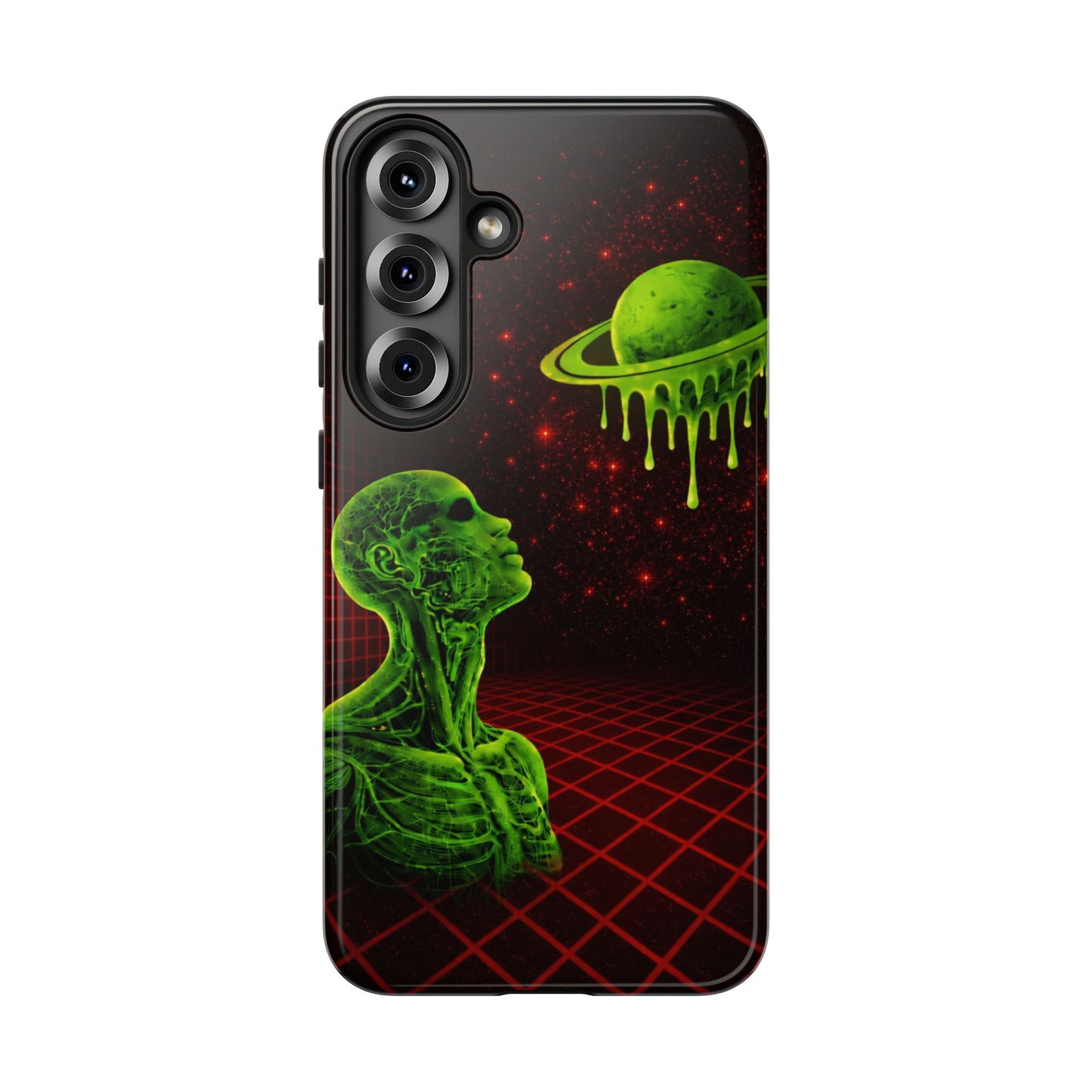 Glowing green anatomical bust gazing up at a dripping Saturn-like planet over a red grid and star-speckled space background on a black phone case.