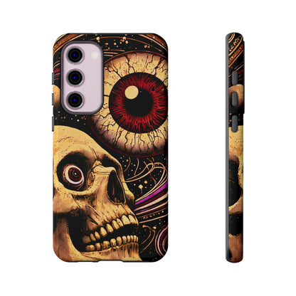 Impact-resistant tough phone case featuring a dark cosmic skull and eye design on a durable dual-layer shell by NecroGrip.