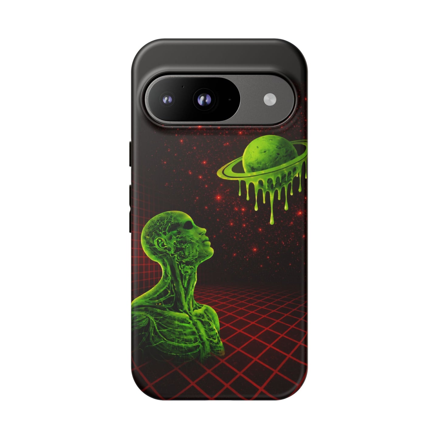 Glowing green anatomical bust gazing up at a dripping Saturn-like planet over a red grid and star-speckled space background on a black phone case.