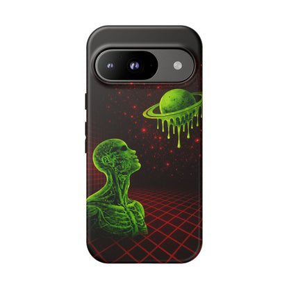 Glowing green anatomical bust gazing up at a dripping Saturn-like planet over a red grid and star-speckled space background on a black phone case.