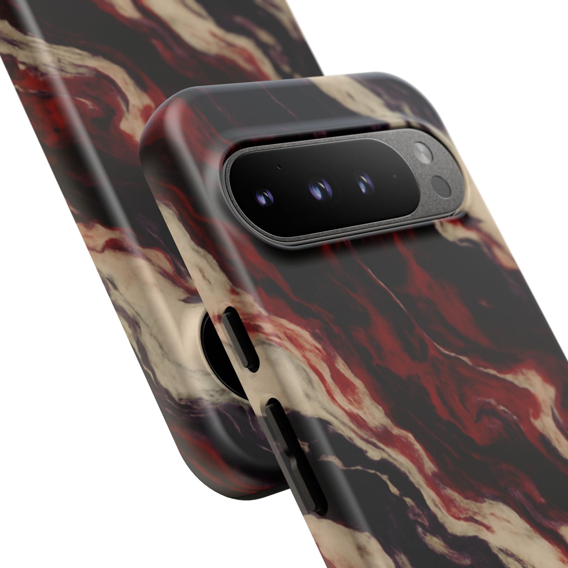 NecroGrip “Fascia” impact-resistant phone case with red, bone, and black marbled streaks, abstract muscle-like pattern on a slim dual-layer shell.
