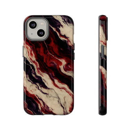 NecroGrip “Fascia” impact-resistant phone case with red, bone, and black marbled streaks, abstract muscle-like pattern on a slim dual-layer shell.