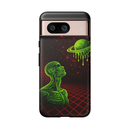 Glowing green anatomical bust gazing up at a dripping Saturn-like planet over a red grid and star-speckled space background on a black phone case.
