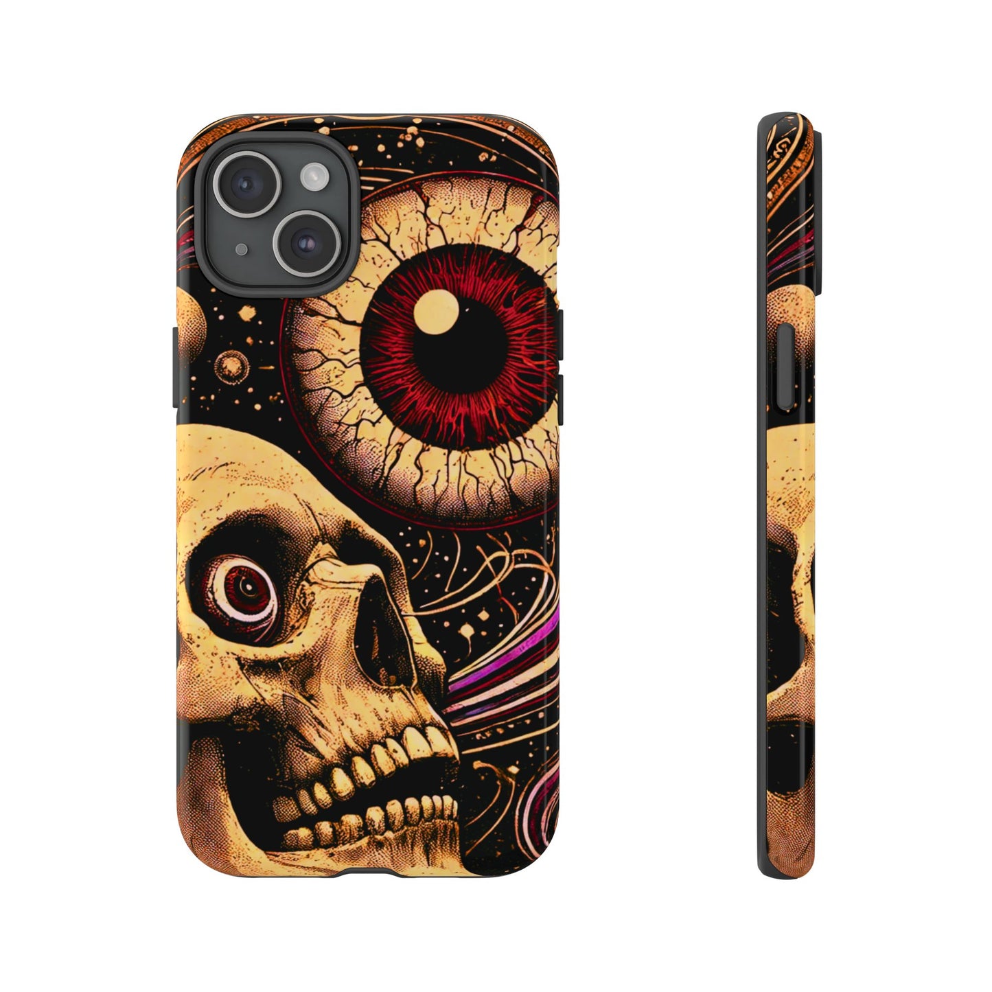Impact-resistant tough phone case featuring a dark cosmic skull and eye design on a durable dual-layer shell by NecroGrip.