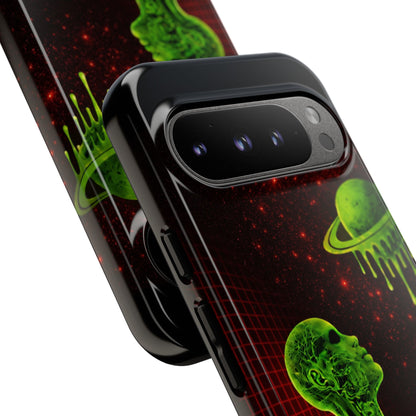 Glowing green anatomical bust gazing up at a dripping Saturn-like planet over a red grid and star-speckled space background on a black phone case.