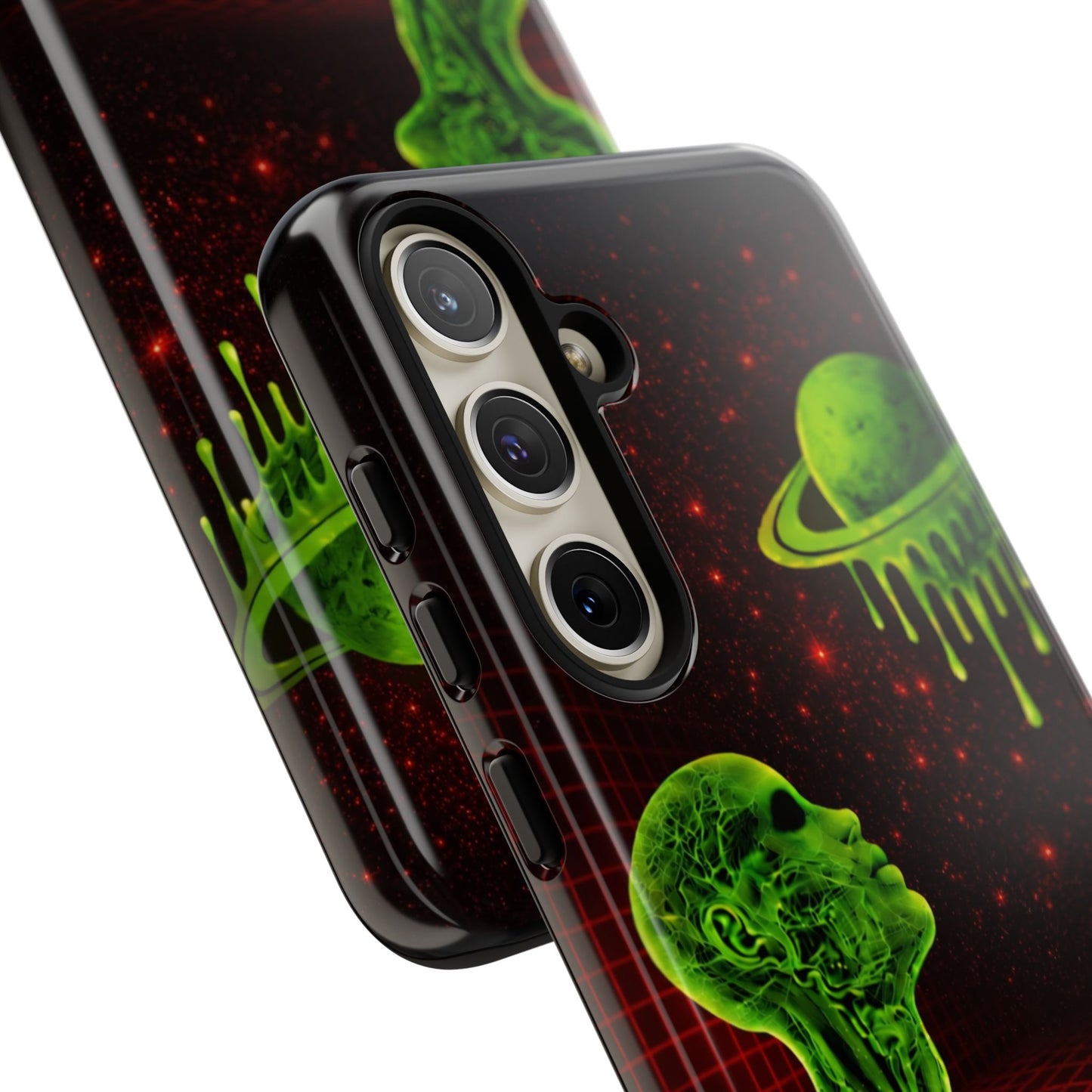Glowing green anatomical bust gazing up at a dripping Saturn-like planet over a red grid and star-speckled space background on a black phone case.