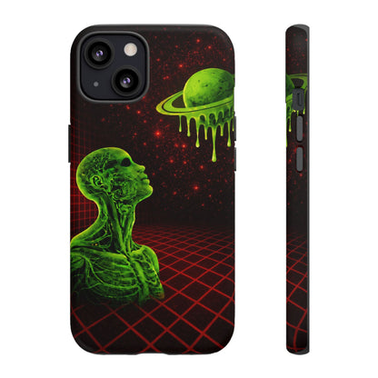 Glowing green anatomical bust gazing up at a dripping Saturn-like planet over a red grid and star-speckled space background on a black phone case.