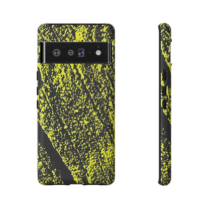 A smartphone case shown from the back and side on a plain white background. The case has a black base with a bright neon yellow splatter or paint-splashed pattern across most of the surface.
