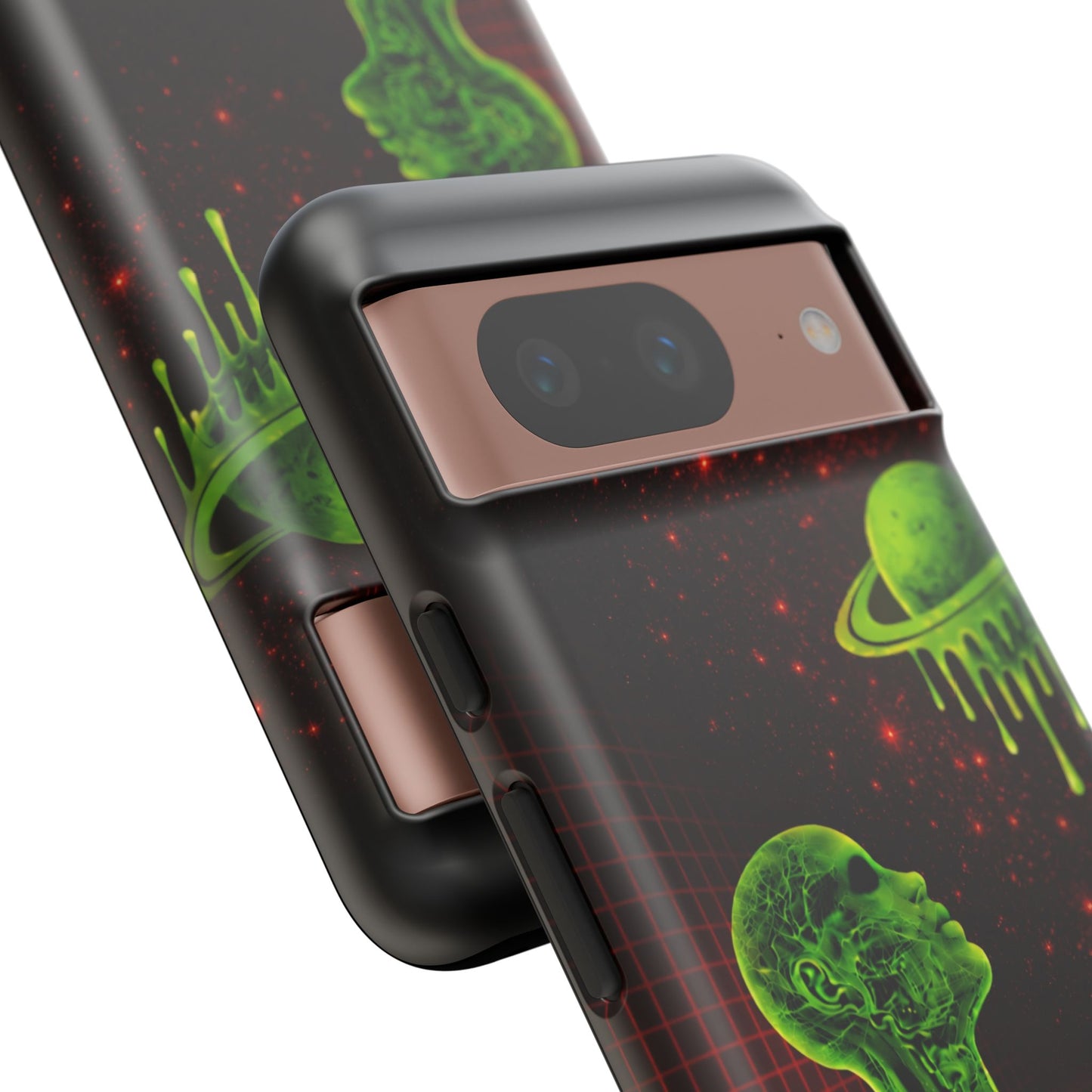 Glowing green anatomical bust gazing up at a dripping Saturn-like planet over a red grid and star-speckled space background on a black phone case.