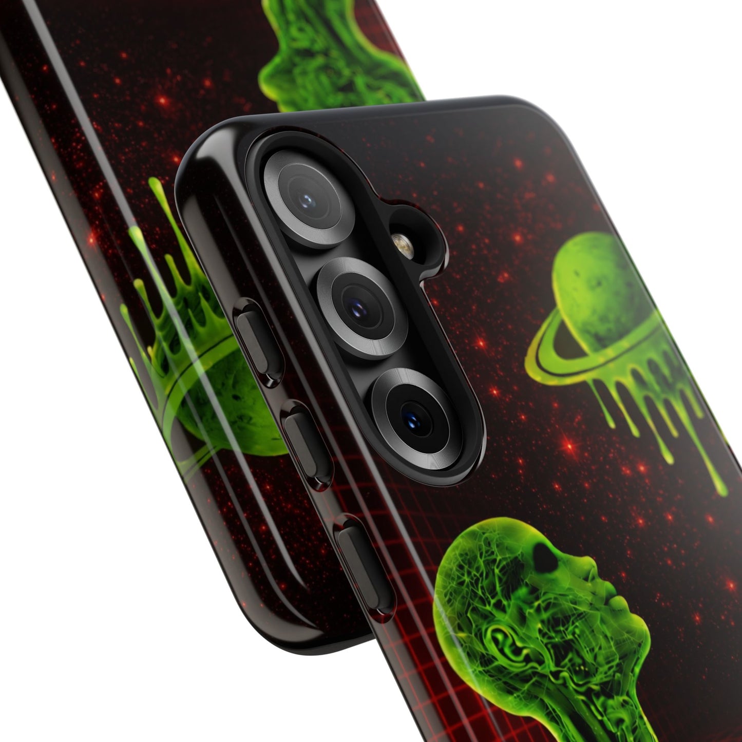 Glowing green anatomical bust gazing up at a dripping Saturn-like planet over a red grid and star-speckled space background on a black phone case.