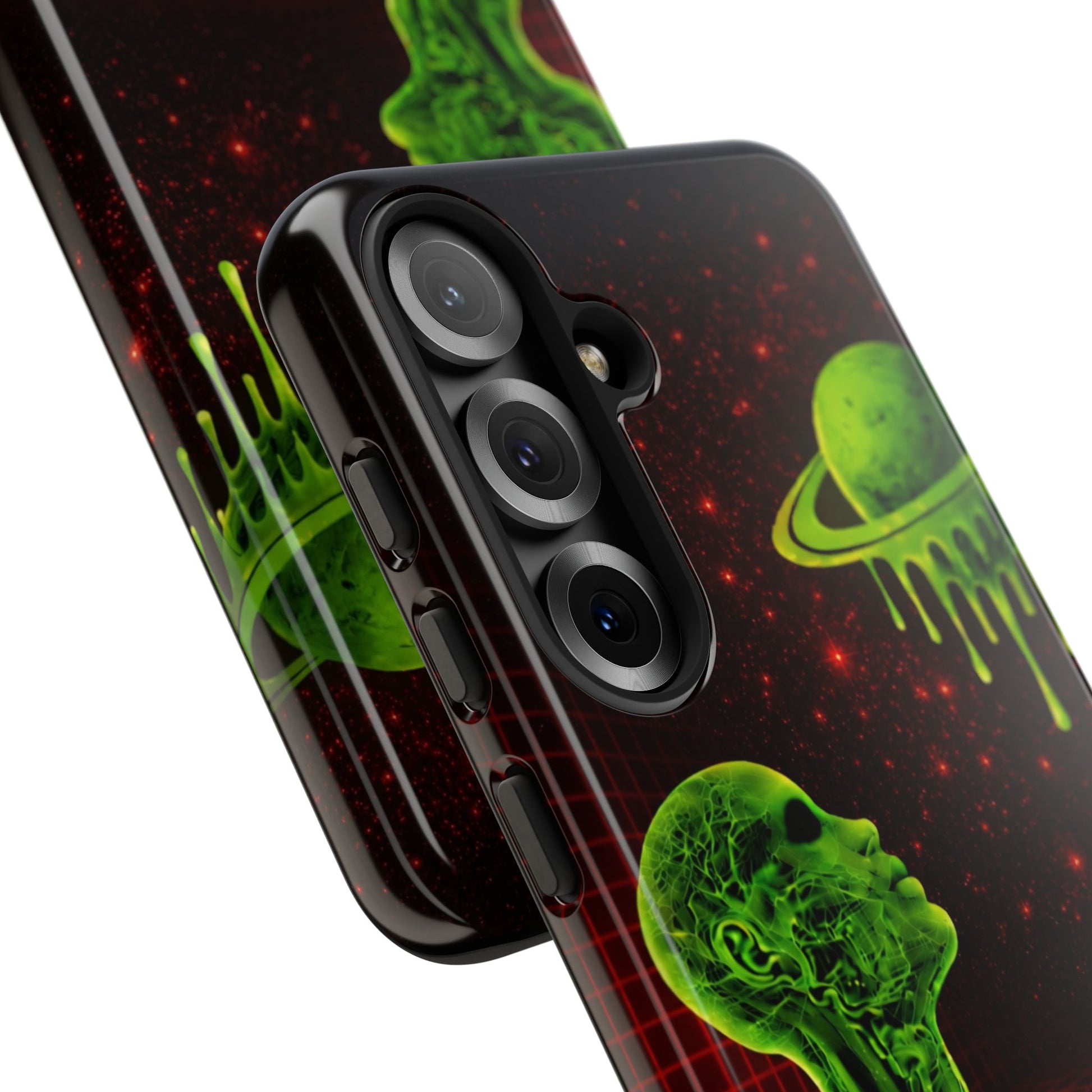 Glowing green anatomical bust gazing up at a dripping Saturn-like planet over a red grid and star-speckled space background on a black phone case.