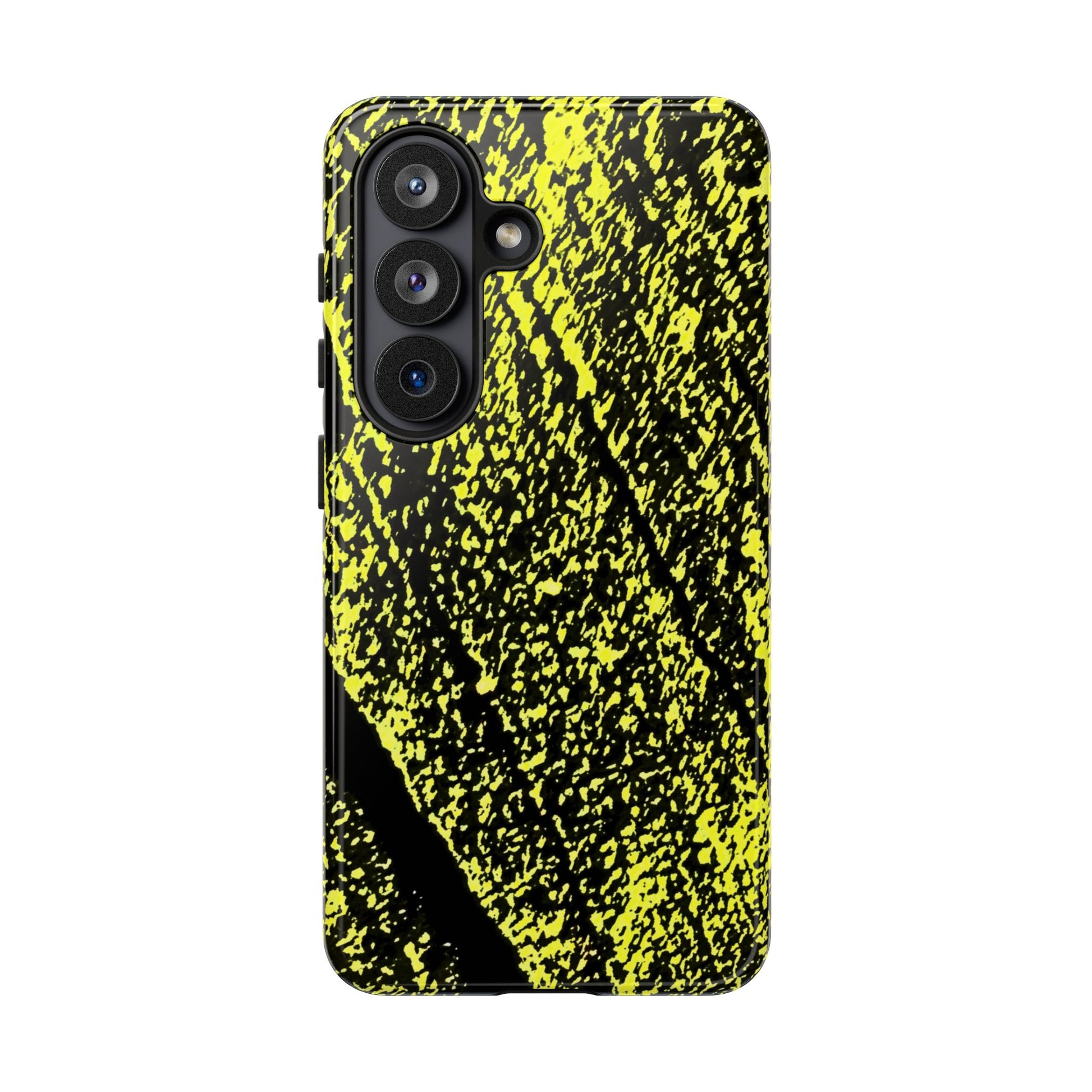 Bloom to Consume protective phone case featuring a black and toxic yellow organic decay pattern.