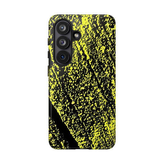 Bloom to Consume protective phone case featuring a black and toxic yellow organic decay pattern.