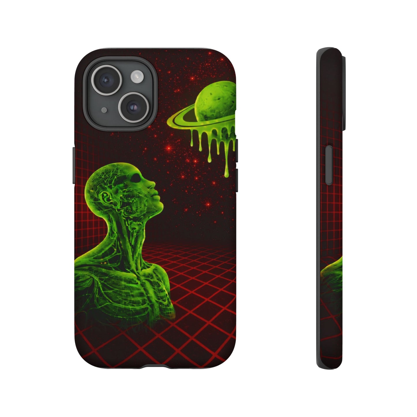 Glowing green anatomical bust gazing up at a dripping Saturn-like planet over a red grid and star-speckled space background on a black phone case.