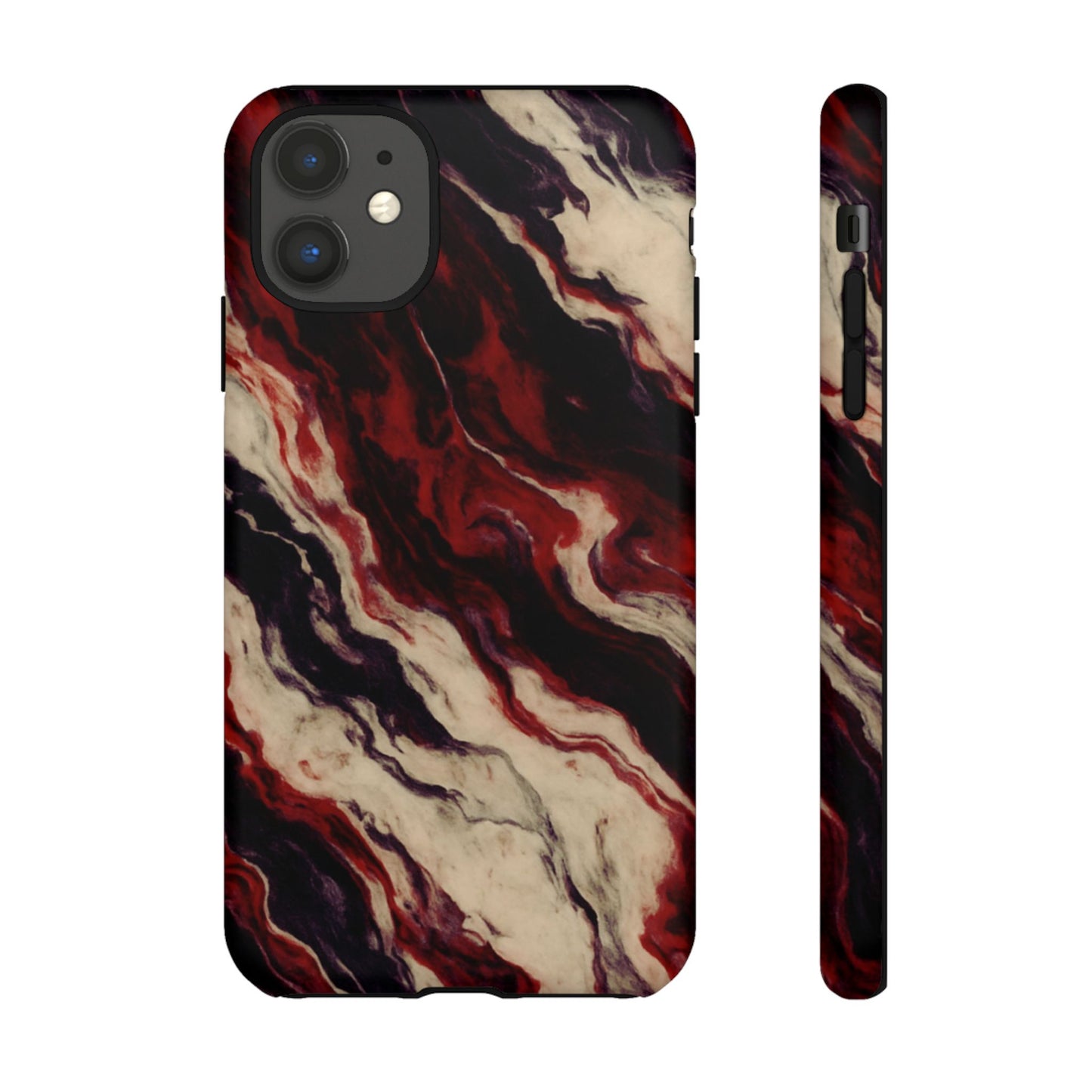 NecroGrip “Fascia” impact-resistant phone case with red, bone, and black marbled streaks, abstract muscle-like pattern on a slim dual-layer shell.