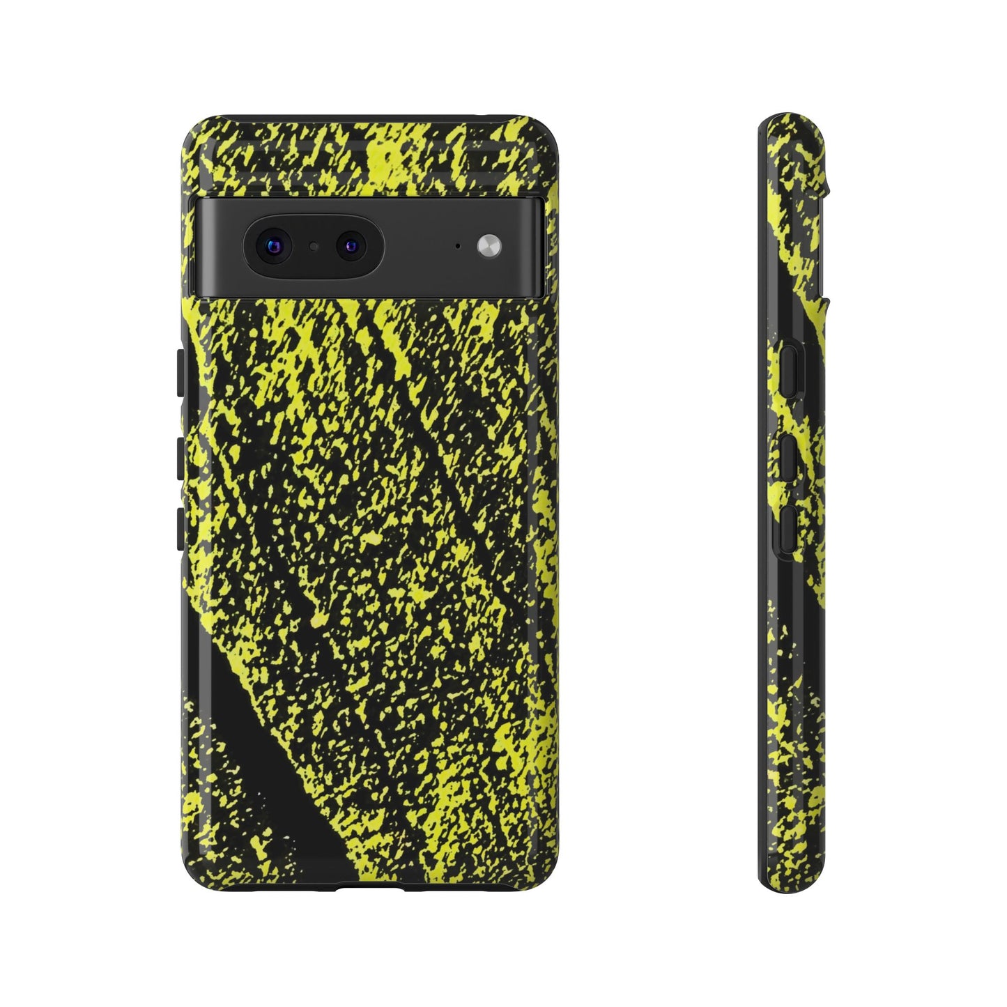 A protective phone case with a black and neon yellow splattered paint design, shown from both the back and side views on a plain white background.