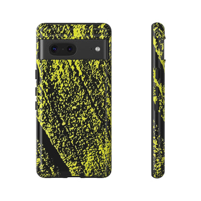 A protective phone case with a black and neon yellow splattered paint design, shown from both the back and side views on a plain white background.