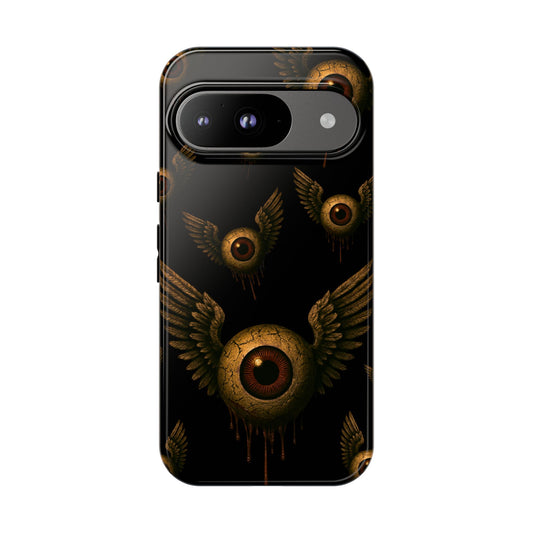 Black phone case with multiple cracked eyeballs with wings, dripping in rust, flying across a dark void.